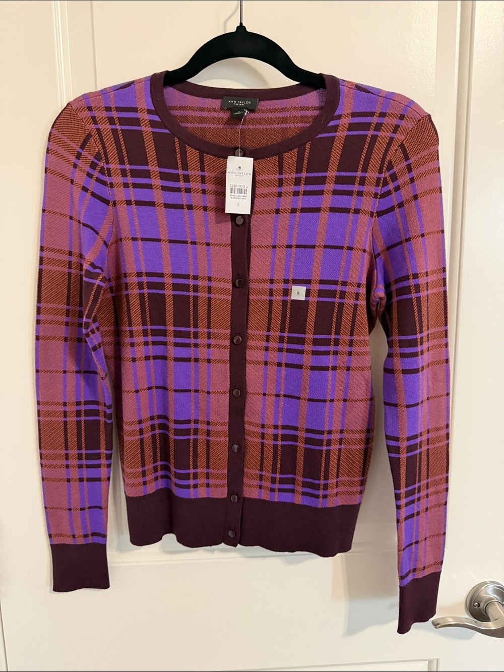 Ann Taylor Factory Purple and Brown Plaid Button-Front Cardigan